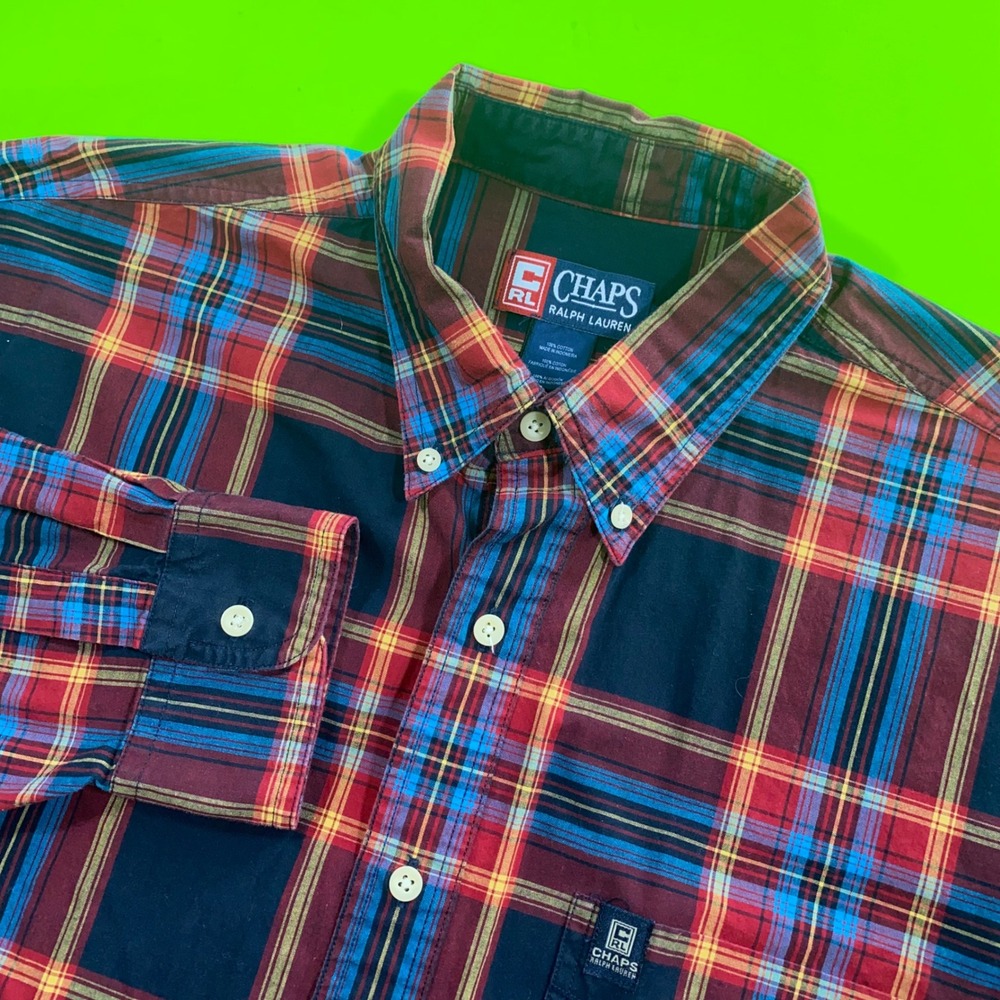 Chaps Ralph Lauren Mens XL Plaid Button Down Shirt Red Navy Blue Long‎ Sleeve